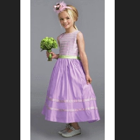 Purple Ankle Length Green Ribbons Flower Girl Dresses