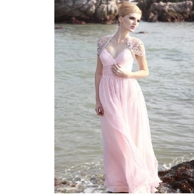 Pink Short Sleeve Chiffon Beach Evening Dresses