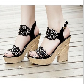 Black Wedge Style High Heel Women's Sandals
