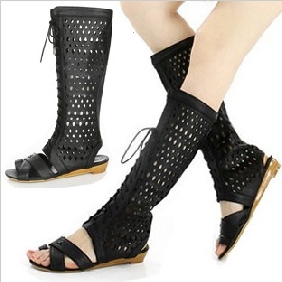 Black Flat Lace Up Long Summer Style Women's Sandals
