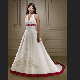 White Red Satin Beaded Lace Up A-line Wedding Dresses