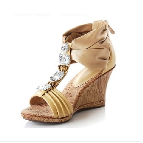Gold Shiny Diamond Real Leather Women's Wedge Shoes
