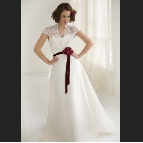 White With Red Bow Lace Short Sleeves Empire Wedding Dresses