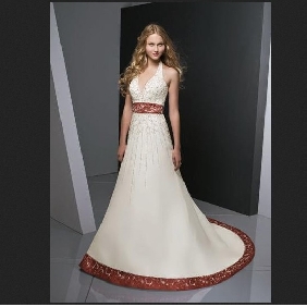 V Neck Court Train White With Red Bow Empire Wedding Dresses