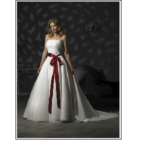 Lace Tulle Floor Length White With Red Bow Empire Wedding Dresses