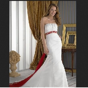White Strapless Satin Elegant With Red Bow Empire Wedding Dresses