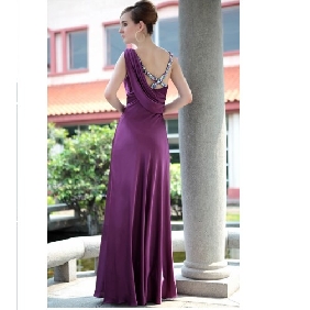 Straps Beaded Backless Purple Satin Bridesmaid Dresses