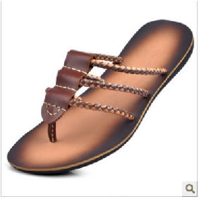 Brown Real Leather With Straps Men's Flip Flops