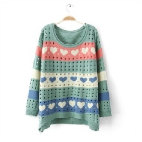 Green Heart Shape With Hollow Cotton Women's Sweaters