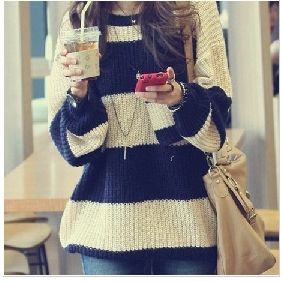 Blue With Stripes Windproof Cotton Women's Sweaters