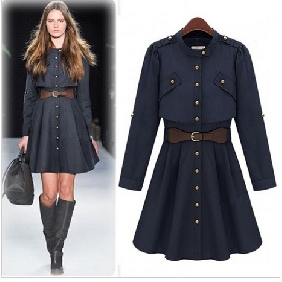 Blue With Belts Long Style Women's Jackets & Coats