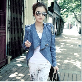 Blue Leather With Zipper Casual Women's Jackets & Coats