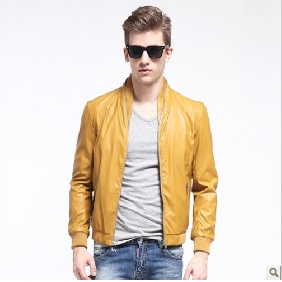 Yellow PU Leather Long Sleeves Men's Jackets & Coats