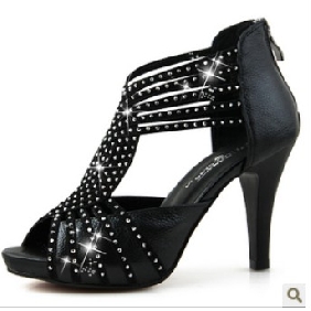 Black Shiny Diamond With Zipper High Heel Women's Sandals