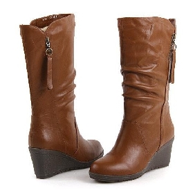 Brown With Zipper Wedge Style Women's Boots
