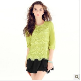 Green With Sleeves Lace Chiffon Women's Tank Tops