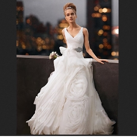 White V-neck Flowers Full Length Princess Wedding Dresses