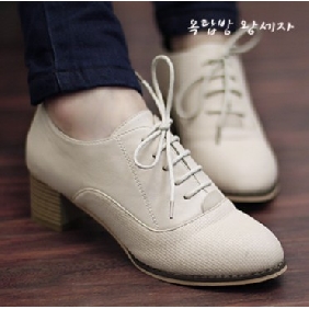 Cream-colored Lace Up PU Leather Women's Casual Shoes