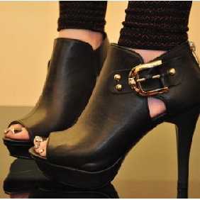 Black PU Leather High Heel With Rivet Women's Casual Shoes