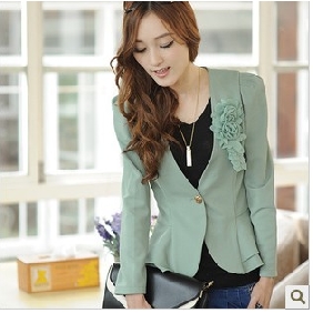 Green Flowers Ruffles Casual Slim Women's Suits