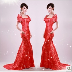 Red Short Sleeves Floor Length Cheongsam Wedding Dresses