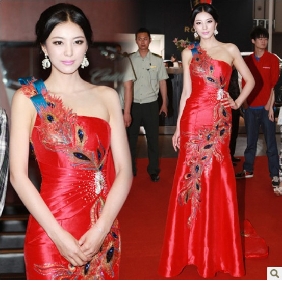 Red One Shoulder Sleeveless Floor Length Cheongsam Wedding Dresses