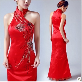 Red Satin Lace Ankle Length Cheongsam Wedding Dresses