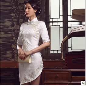 White With Sleeves Cheongsam Style Asymmetrical Wedding Dresses