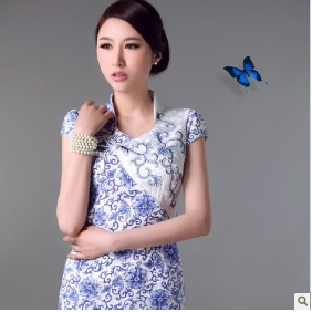 Blue Knee Length Slim Buttons Cheongsam Wedding Dresses