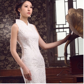 White Sleeveless Lace High Neck Cheongsam Wedding Dresses