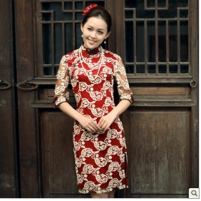 Red With Sleeves Lace Cheongsam Wedding Dresses