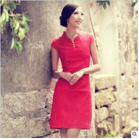 Red Short Sleeves Fitted Tight Cheongsam Wedding Dresses