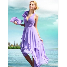 V-neck Chiffon Layered Purple Beach Short Prom Dresses