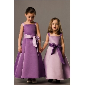 Purple Ankle Length With Ribbons Satin Junior Bridesmaid Dress