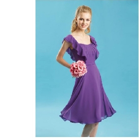 Purple Short Sleeves A-line Square Knee-length Chiffon Junior Bridesmaid Dresses