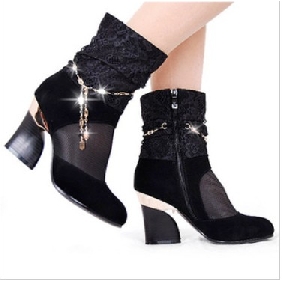 Black Lace Net With Shiny Zipper Women's Boots