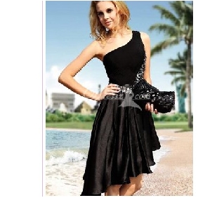 Black Elastic Satin One Shoulder Beaded Homecoming Dresses