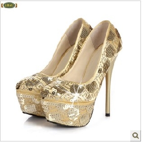 Gold Shiny Sequins Super High Heel Sexy Women's Dress Shoes
