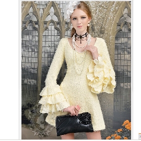 Yellow V-neck Ruffles Sequins Wool Lovely Lady's Dresses