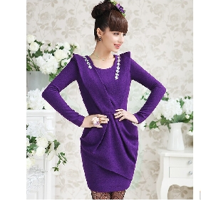 Dark Purple Ruffles With Diamond Long Sleeves Short Lady's Dresses