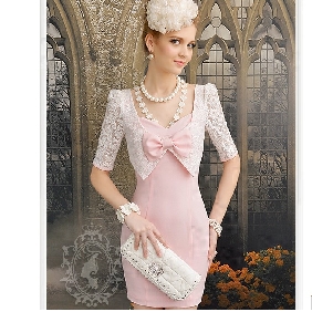 White Pink Two Pieces Lace With Sleeves Lovely Mini Lady's Dresses