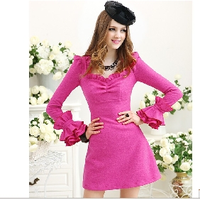 Rose Red Slim A-line V-neck Autumn Lady's Dresses