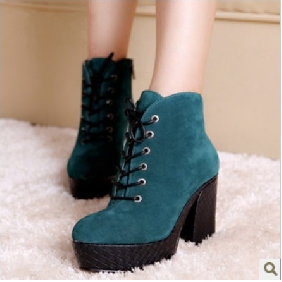 Dark Green Lace Up With Platform Real Leather Women's Boots