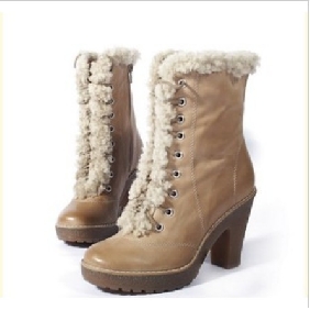 Apricot Casual Leather Wool High Heel Waterproof Women's Boots