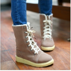 Camel Wool Snow Lace Up Flat Bottom Women's Boots