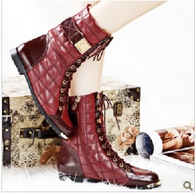 Red Shiny Lace Up Winter Real Leather Women's Boots