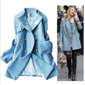 Sky Blue Two Buttons Long Style Wool Women's Jackets & Coats