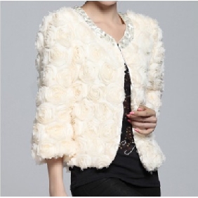Ivory Flowers Beaded Short Elegant Women's Jackets & Coats