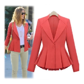 Red Office Lady Ruffles Suit Style Women's Jackets & Coats