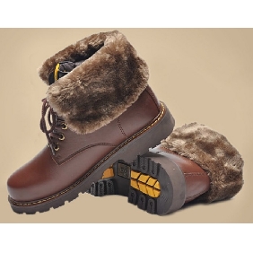 Dark Brown Real Leather Wool Snow Men's Casual Boots